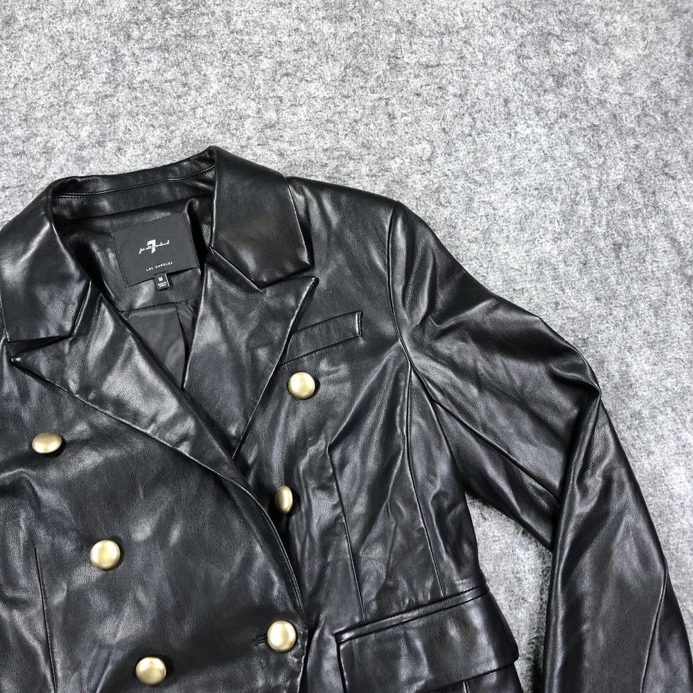 7 For All Mankind Blazer Womens M Black Faux Leather Double Breasted Military - Picture 4 of 15